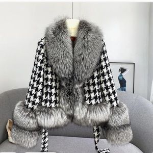 Houndstooth and real silver fox jacket